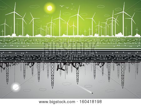 Vector energy panorama, green energy and polluting energy, windmills and ecology against oil rigs and petroleum