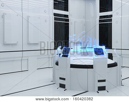 Futuristic Interior. Projection hologram Sector City. Interface Display
