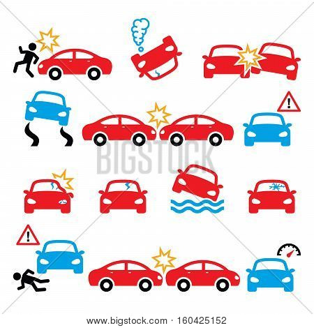 Road accident, car crash, personal injury vector icons set
