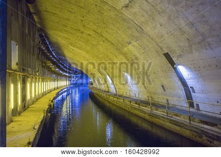 Balaklava, Crimea - September 2016: Military submarine repair dockage since the USSR, tonel Balaklava. Russia