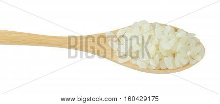 Japanese Cuisine Raw and Uncooked Japanese Rice in A Wooden Spoon Isolated on White Background.