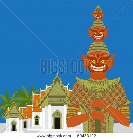 Thai Temple Guardian Giant Thailand Yaksha demon statue Buddhism symbol in Bangkok Asian spirit sculpture