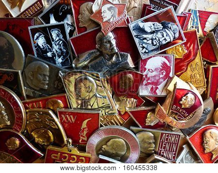 Yekaterinburg, Russia - December 7, 2016: Soviet badges depicting Vladimir Lenin. Collection. Close-up. Faleristics.