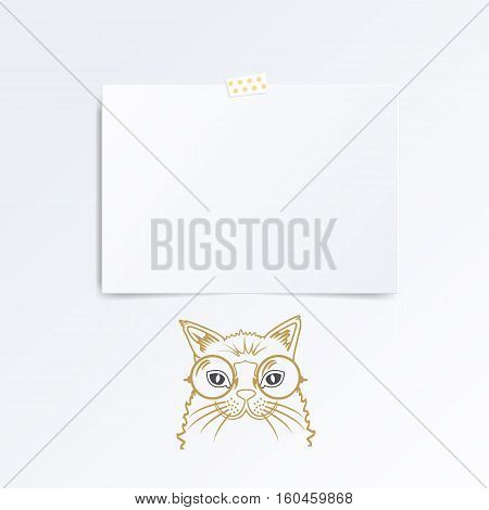 Leaflet folded in half isolated on white background, hand drawn cat under it.