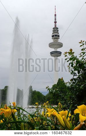 Hamburg, Heinrich-Hertz-Turm, Park near by the Center. the radio telecommunication tower at Hamburg, seen from the old botanic garden. 279 meters tall, it is the highest building at Hamburg.