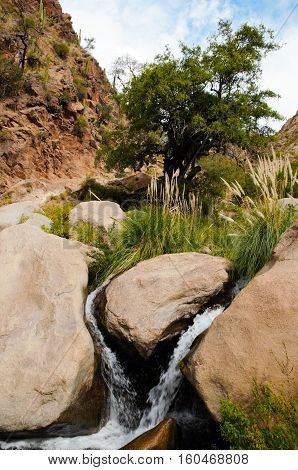 Long shot of a waterfall on the Cascadas del rio Colorado Trek close to Cafayate in Argentina South America