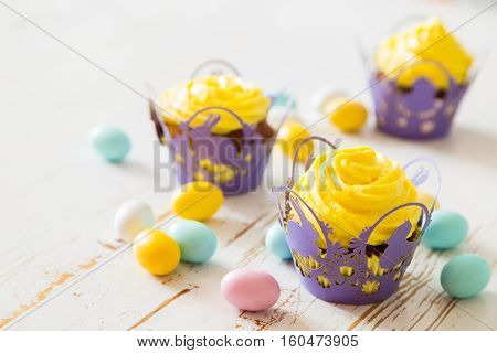 Easter cupcakes with eggs and flaffy willow, wood background