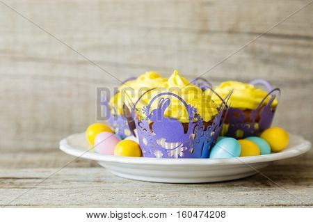 Easter cupcakes with eggs and flaffy willow, wood background