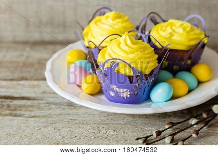 Easter cupcakes with eggs and flaffy willow, wood background
