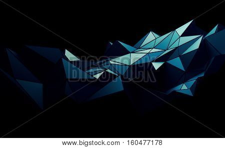 Abstract 3d rendering of triangulated surface. Contemporary background. Futuristic polygonal shape. Distorted low poly backdrop with sharp lines.