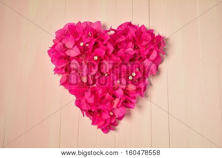 Bougainvillea heart on wood background, valentine day.