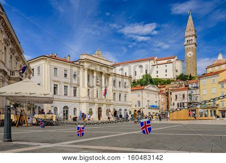 Piran, Slovenia - September 19, 2016: The Tartini square in Piran old town. Piran is one of Slovenia's major tourist attractions.