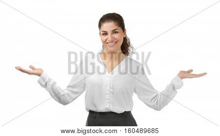 Young beautiful businesswoman on white background