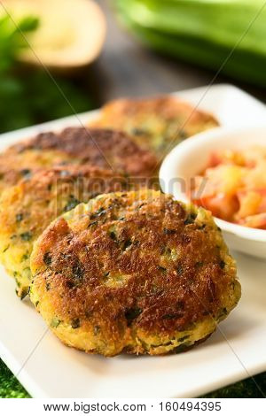 Zucchini couscous and parsley fritters with tomato and onion dip on the side photographed with natural light (Selective Focus Focus in the middle of the first fritter)