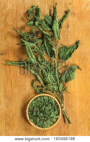 Nettle. Dried herbs for use in alternative medicine spa herbal cosmetics herbal medicine preparing infusions decoctions tinctures powders ointments butter tea bath.