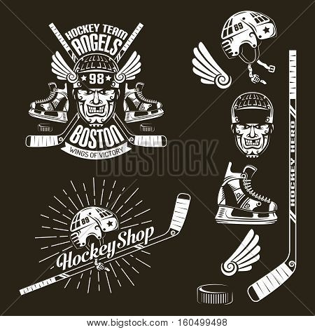 Hockey club emblem with face sticks skates puck. And elements for logo. Vector illustration on a dark background.