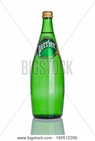 LONDON UK - DECEMBER 06 2016: Bottle of Perrier sparkling water. Perrier is a French brand of natural bottled mineral water sold worldwide.