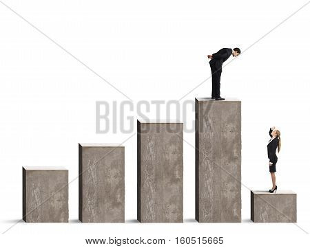 Businessman looks at a businesswoman in the lowest step of the statistical