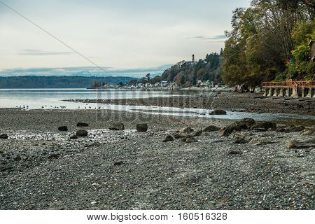 A view of Three Tree Point in Burien Wasington on and overcast day.