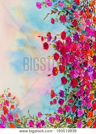 Abstract watercolor original landscape painting imagination colorful of roese flowers and emotion in blue background
