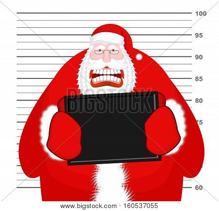 Mugshot Santa Claus At Police Department. Mug Shot Christmas. Arrested Bad Santa Holding Black Plate