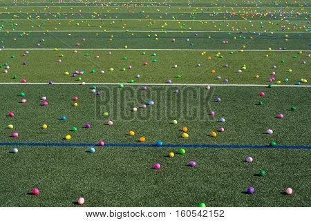 Easter egg hunt with plastic colored eggs