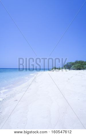 clean white sand beach meeting the blue sky and sea on palawan island in the philippines