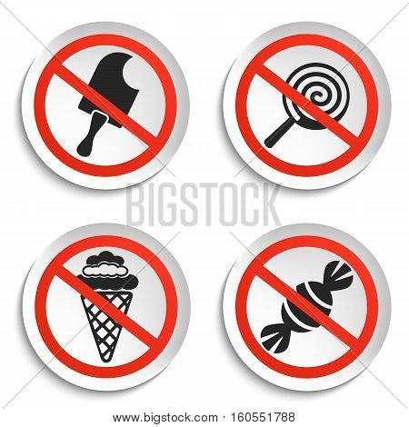 No food and Ice Cream Prohibition Signs on White Round Plate. No Ice Cream Vector Illustration isolated on white background