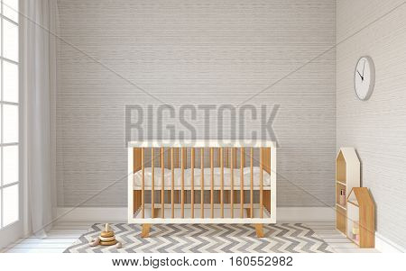 Interior of nursery with crib in scandinavic style. 3d render.