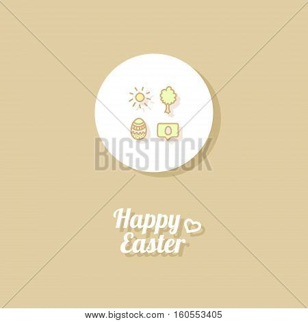 Happy Easter. Greeting card or banner template with hand drawn egg icon, the Sun, tree and greeting message. Golgen background