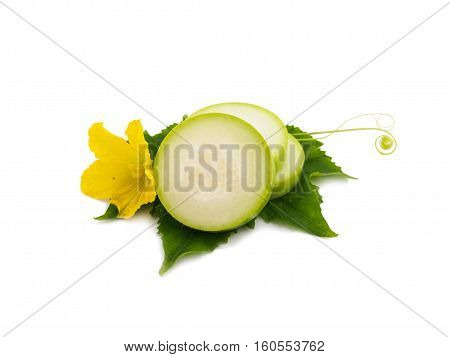 Fresh marrow vegetable slice with leaf and flower Isolated on white background