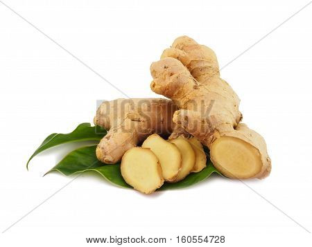 Ginger root slice with leaf and has a spicy taste isolated on white background