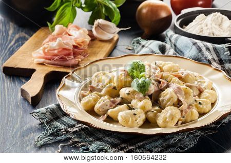 Potato Gnocchi, Italian Potato Dumplings With Cheese Sauce, Ham