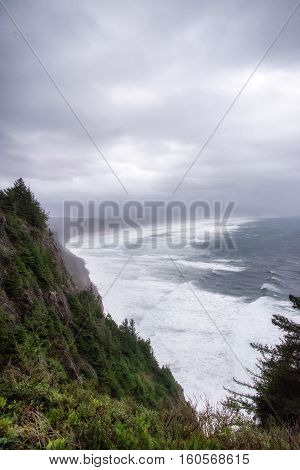 Oregon coast from a Pacific Coast Highway lookout on a cloudy blustery day