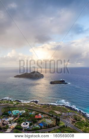 Aerial view of south shore of Oahu, Hawaii, known as Kaiwi Coast