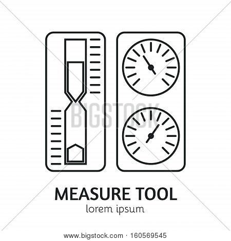 Unique Line Style Vector Logotype Template with Sand Watch, Thermometer and Hygrometer . Clean and minimalist symbol perfect for your business. Sauna accessories concept.