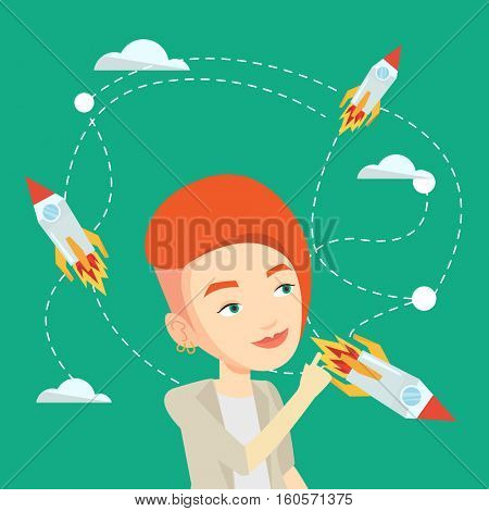 Caucasian business woman looking at flying start uo rockets. Young woman came up with an idea for a business startup. Business startup concept. Vector flat design illustration. Square layout.