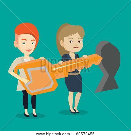 Happy business women standing in front of a keyhole with big key. Business team holding the key to success. Two businesswomen carrying huge golden key. Vector flat design illustration. Square layout.
