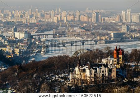 Top View of the Dnieper Park and Havana bridge in Kiev, Ukraine in winter day.