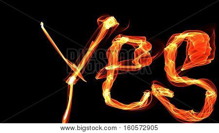 word yes letters fiery bright color, glowing in the dark