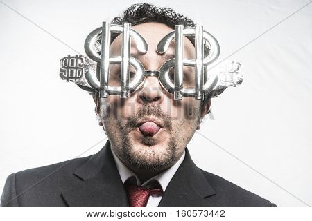 Stubborn, Greed and money, businessman with dollar-shaped glasses, elegant tie suit