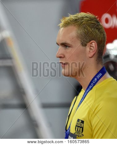 Hong Kong China - Oct 29 2016. Competitive swimmer Peter BERNEK (HUN) at the Victory Ceremony of the Men's Freestyle 400m. FINA Swimming World Cup Victoria Park Swimming Pool.