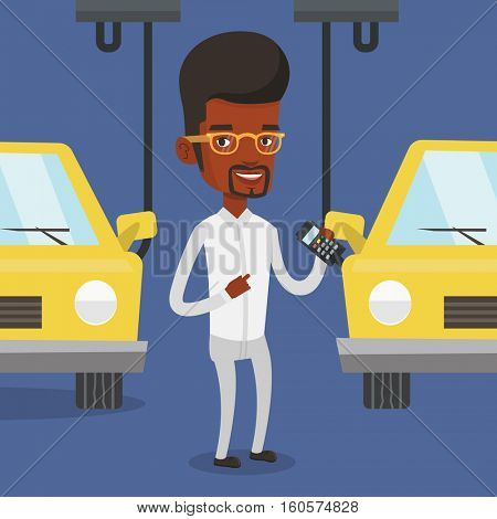 An african-american worker of car factory. Engineer at work on car factory. Worker controlling modern automated assembly line for cars. Car production. Vector flat design illustration. Square layout.