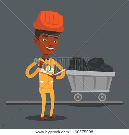 An african-american miner checking documents with the flashlight on the background of trolley with coal. Mine worker in hard hat. Miner in the coal mine. Vector flat design illustration. Square layout