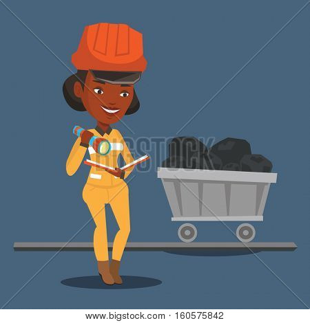 An african-american miner checking documents with the flashlight on the background of trolley with coal. Mine worker in hard hat. Miner in the coal mine. Vector flat design illustration. Square layout