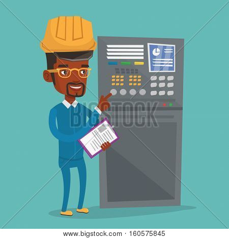 African-american man working on control panel. Worker pressing button at control panel. Engineer with clipboard standing in front of the control panel. Vector flat design illustration. Square layout.