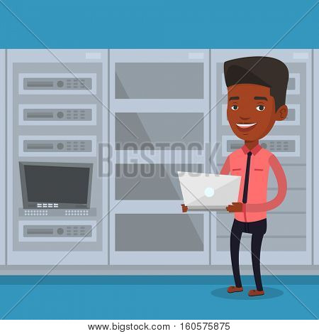An african engineer with laptop working in network server room. Engineer standing in network server room. Network engineer using laptop in server room. Vector flat design illustration. Square layout.