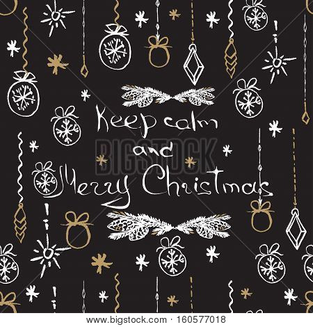 Vector Christmas seamless pattern. Holiday hand drawn background. Ink illustration. Elements of Christmas decorations stars snowflakes balls angels fir tree branches. For holiday decoration.