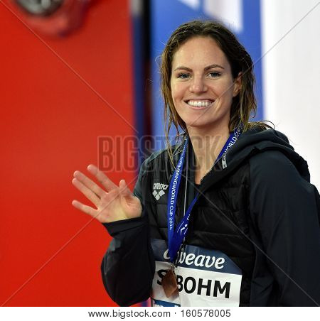 Hong Kong China - Oct 29 2016. Competitive swimmer SEEBOHM Emily (AUS) at the Victory Ceremony of the Women'sFreestyle 50m. FINA Swimming World Cup Victoria Park Swimming Pool.
