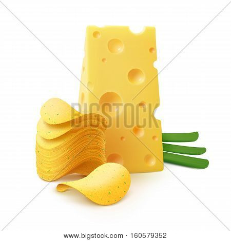 Vector Potato Crispy Chips Stack with Cheese and Onion Close up Isolated on White Background
